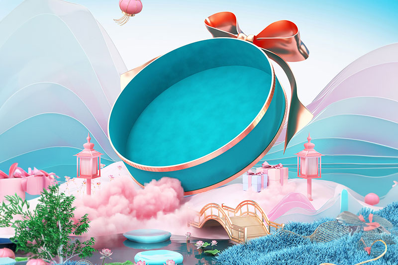 C4D工程-中国风礼盒场景渲染工程国风建筑场景C4D模型下载