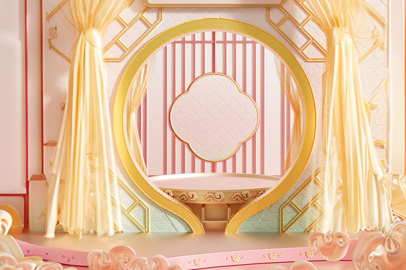 C4D工程-粉金色中国风展台场景渲染工程中国风电商展台C4D模型下载