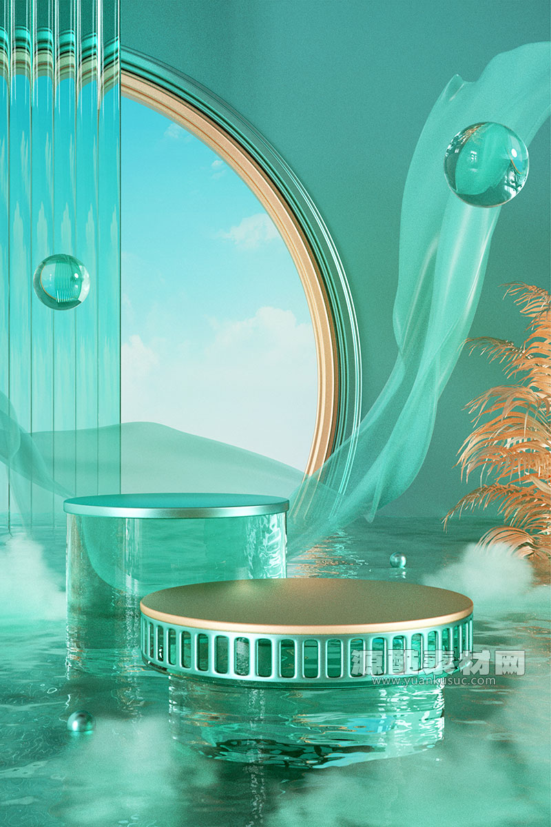 C4D工程-玻璃水面中国风电商展台场景渲染工程电商展台模型