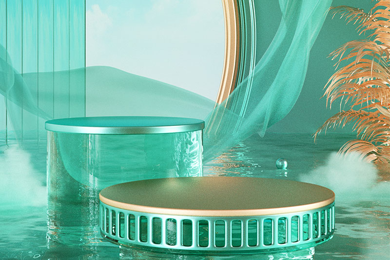 C4D工程-玻璃水面中国风电商展台场景渲染工程电商展台模型
