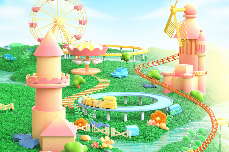C4D工程-儿童节卡通游乐场游乐园场景渲染工程卡通场景C4D模型下载