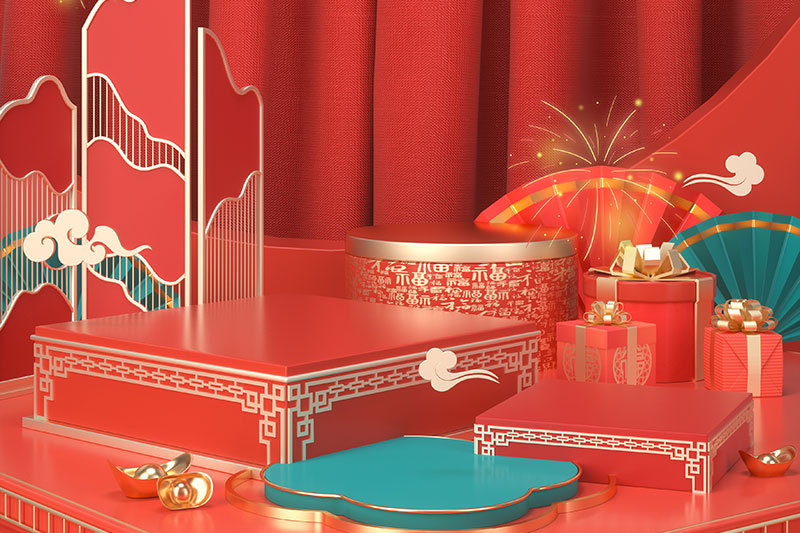C4D工程-中国风新年礼盒红色场景渲染工程电商展台C4D模型下载