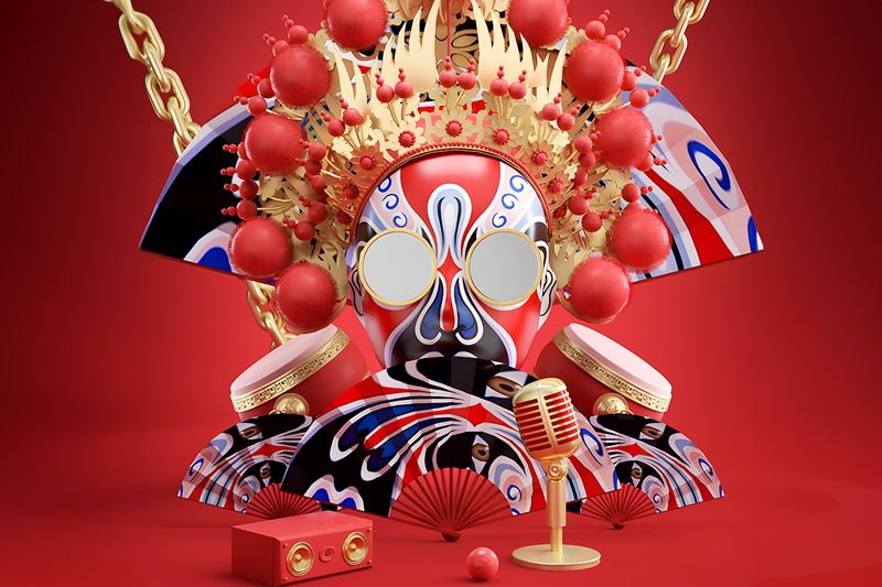 C4D工程-红色京剧戏曲脸谱场景渲染工程戏曲脸谱C4D模型下载