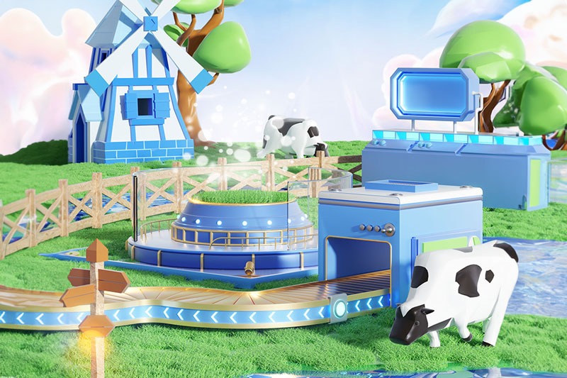 C4D工程-卡通牧场奶牛电商产品展台场景渲染工程卡通场景C4D模型下载