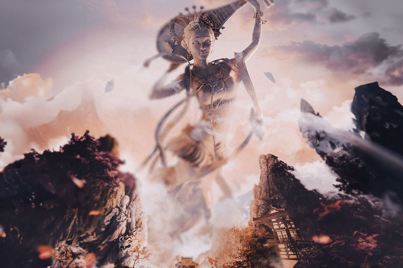 C4D工程-中国风琵琶仙女场景渲染工程中国风场景模型仙女雕像C4D模型下载