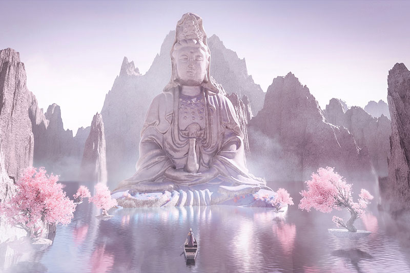 C4D工程-国风观音菩萨雕像场景渲染工程河流场景佛祖雕像C4D模型下载