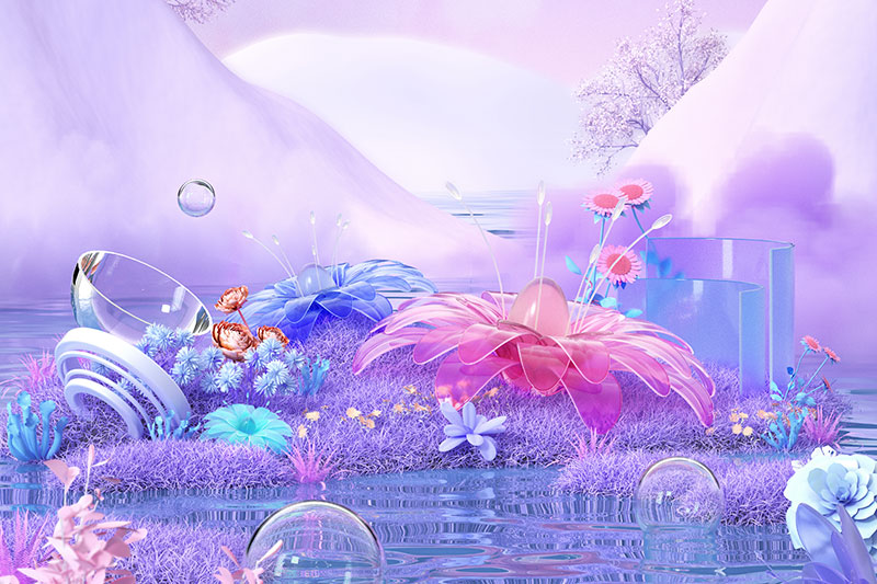 C4D工程-紫色梦幻花朵草地植物场景渲染工程