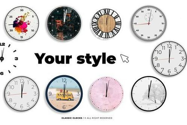 AE/PR模板-10组经典简洁圆形时钟时间动画模板 Classic Clocks