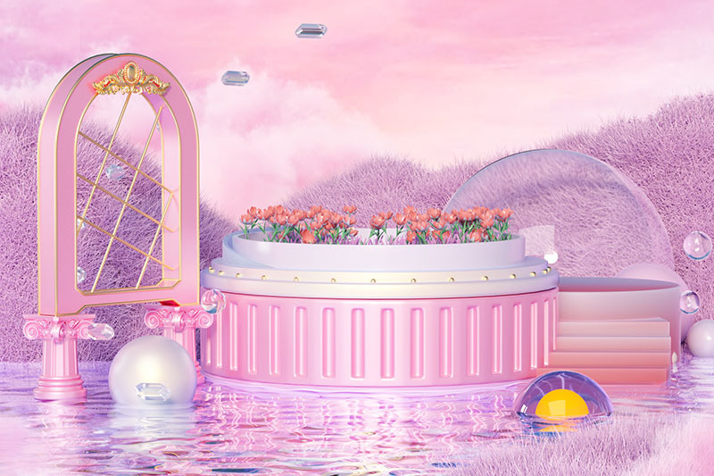 C4D工程-粉色梦幻烟雾电商场景渲染工程电商展台C4D模型下载