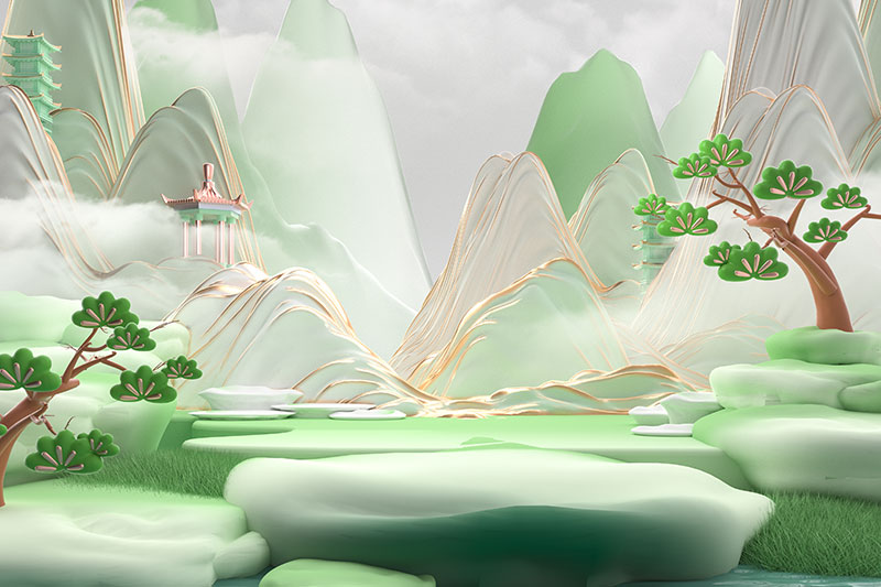 C4D工程-中国风山水场景渲染工程国风山水场景C4D模型下载