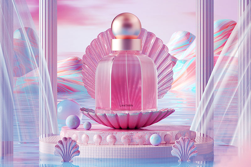 C4D工程-珍珠香水粉色场景渲染工程产品场景模型香水C4D模型下载