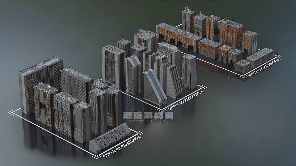 科幻设计风格城市景观建筑3D模型下载(Blender/FBX格式) Sci-fi cityscape kitbash – residential