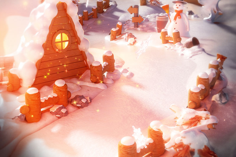 C4D工程-冬天小屋雪人卡通场景渲染工程卡通场景模型C4D模型下载