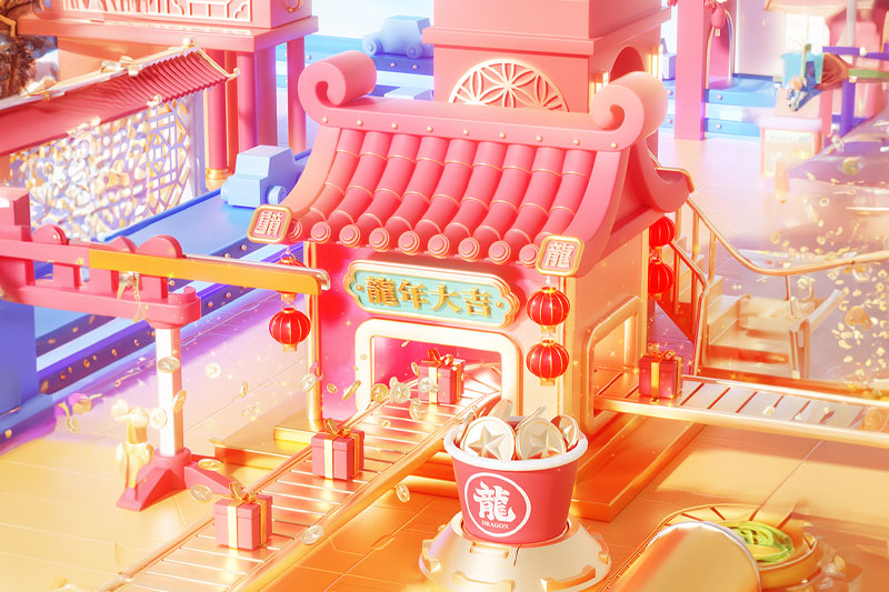 C4D工程-龙年新年春节建筑卡通场景渲染工程中国风卡通建筑C4D模型下载