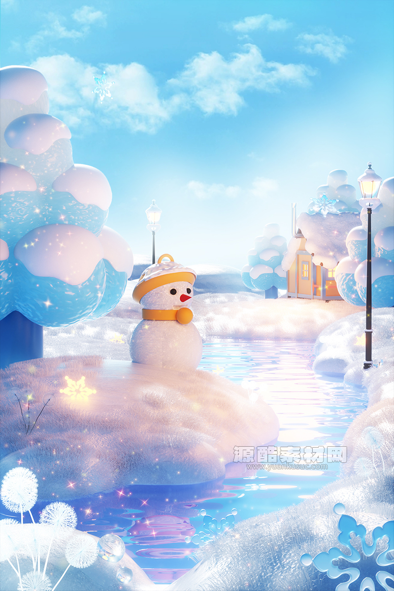 C4D工程-冬季冬天雪人梦幻卡通场景渲染工程卡通场景C4D模型下载