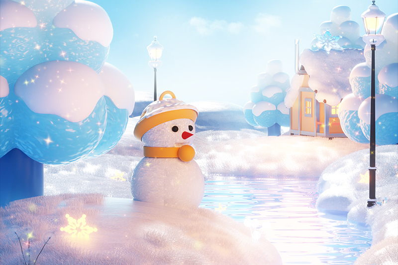 C4D工程-冬季冬天雪人梦幻卡通场景渲染工程卡通场景C4D模型下载