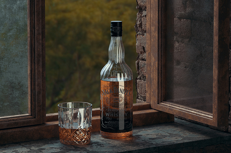 C4D工程-窗边威士忌酒写实场景渲染工程酒瓶酒杯模型C4D模型下载