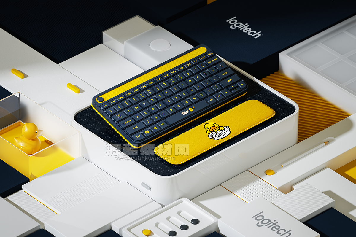 C4D工程-罗技小黄鸭机械键盘场景渲染工程机械键盘模型C4D模型下载
