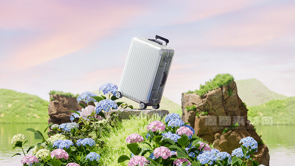 C4D工程-行李箱产品场景渲染工程花朵植物河流场景C4D模型下载