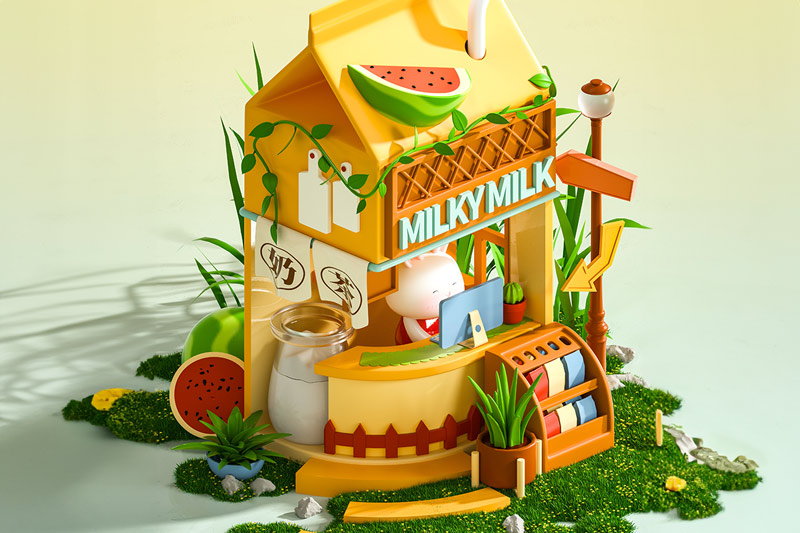 C4D工程-卡通饮品餐饮店铺场景渲染工程卡通店铺模型C4D模型下载