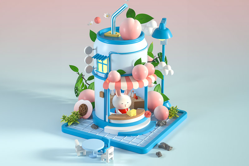 C4D工程-夏日桃子饮品建筑场景渲染工程卡通建筑C4D模型下载