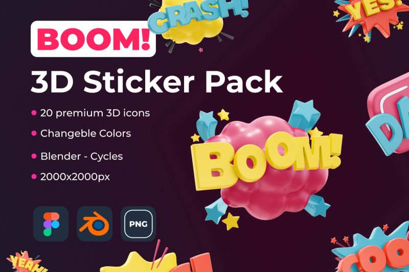 卡通气泡贴纸插画3D模型素材 BOOM! 3D Sticker Pack