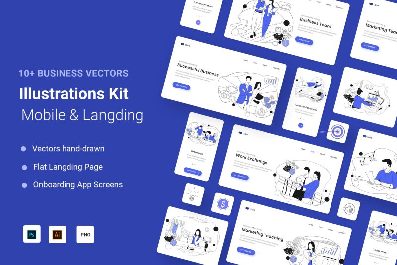 商业营销主题线条风格矢量插画素材套件 Business Marketing Line Illustration Kit