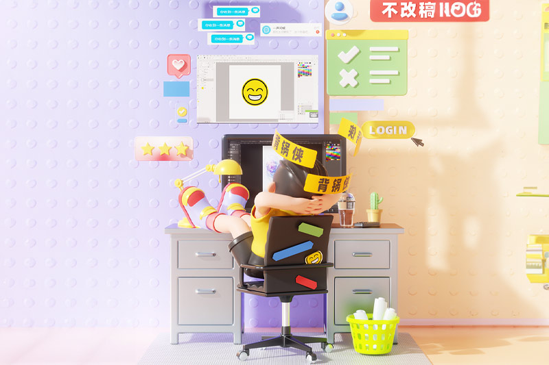 C4D工程-卡通休闲办公室设计师场景渲染工程卡通模型C4D模型下载