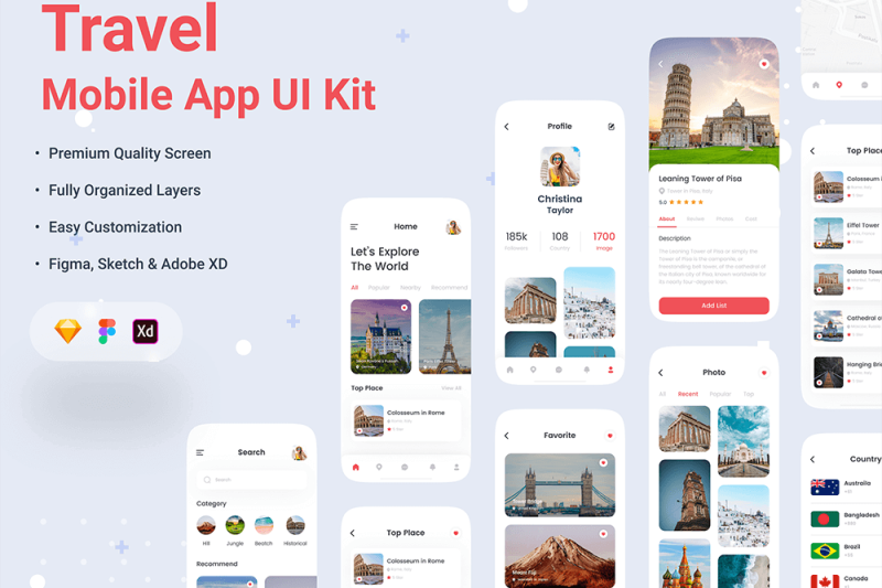 旅行App移动应用程序UI套件素材 Travel Mobile App UI Kit