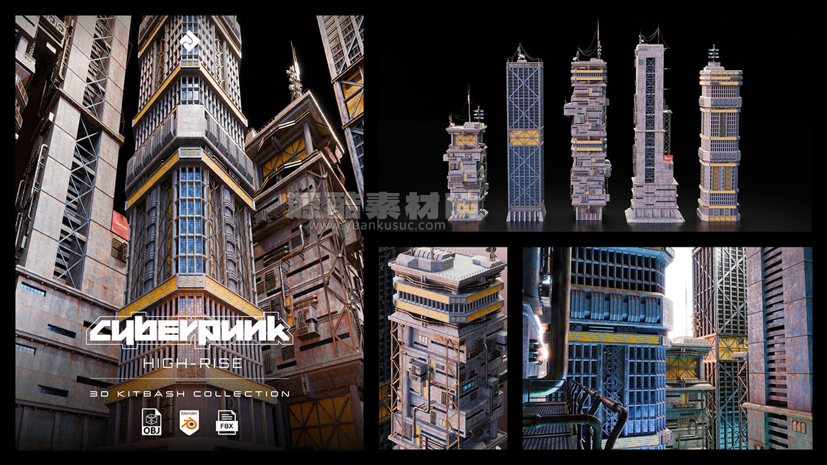 未来赛博朋克风格高层大厦建筑高楼模型3D模型下载 Asset Smash – High Rise (Blender/FBX/OBJ格式)