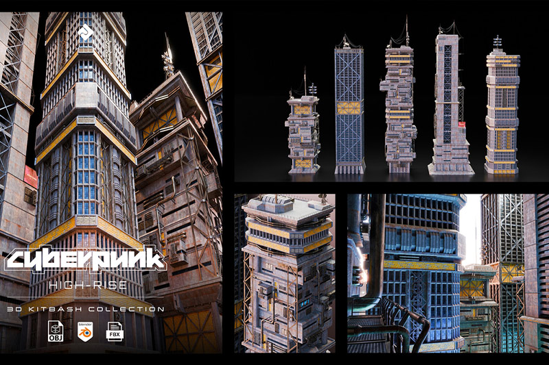 未来赛博朋克风格高层大厦建筑高楼模型3D模型下载 Asset Smash – High Rise (Blender/FBX/OBJ格式)