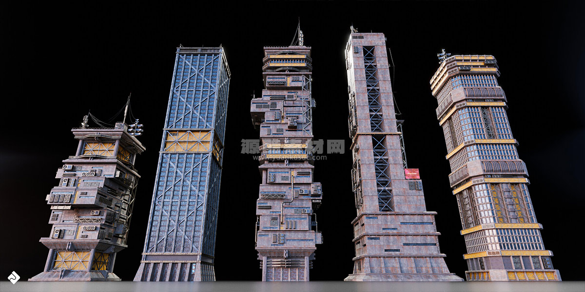 未来赛博朋克风格高层大厦建筑高楼模型3D模型下载 Asset Smash – High Rise (Blender/FBX/OBJ格式)