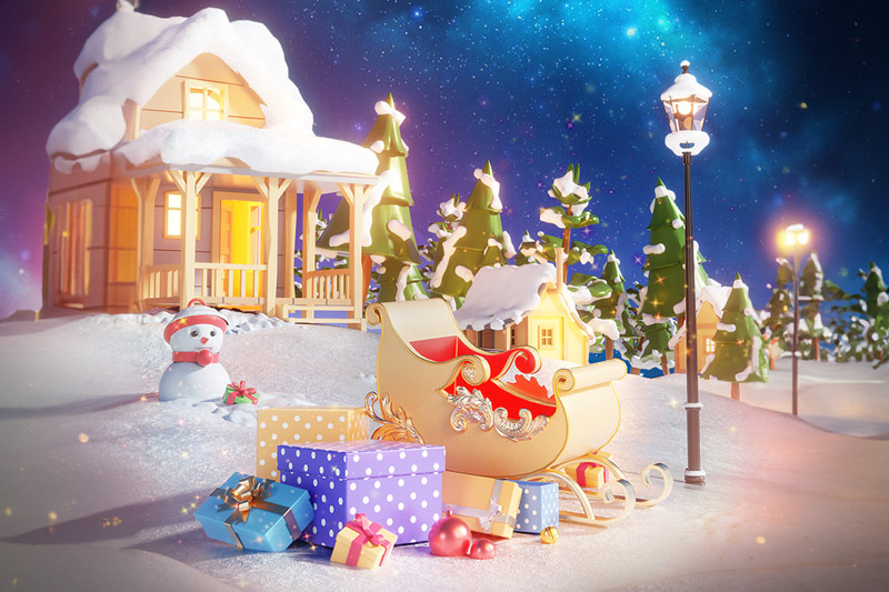 C4D工程-卡通雪天小屋圣诞雪橇礼物盒场景渲染工程卡通场景模型C4D模型下载