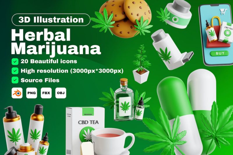 草药3D图标素材模型合集 Herbal 3D Icon Asset Collection（PNG,Blend,OBJ,FBX）