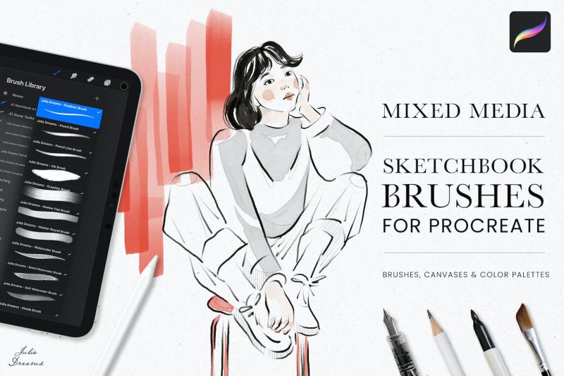 Procreate画笔混合媒体素描笔刷 (BRUSHSET,SWATCHES,PROCREATE)