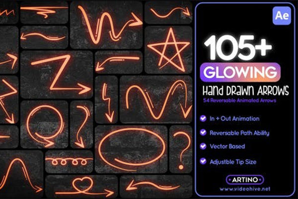 AE模板-105种手绘发光箭头动画 Glowing Hand Drawn Arrows