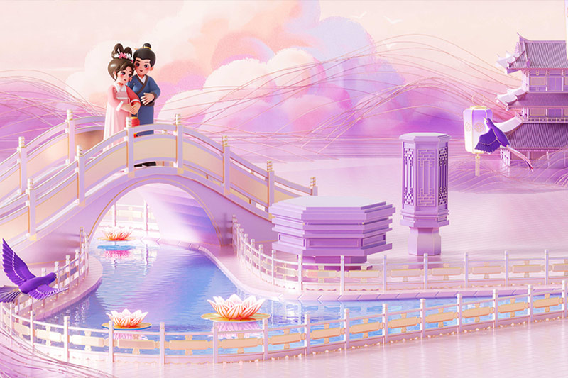 C4D工程-七夕牛郎织女约会唯美紫色浪漫场景渲染工程卡通场景C4D模型