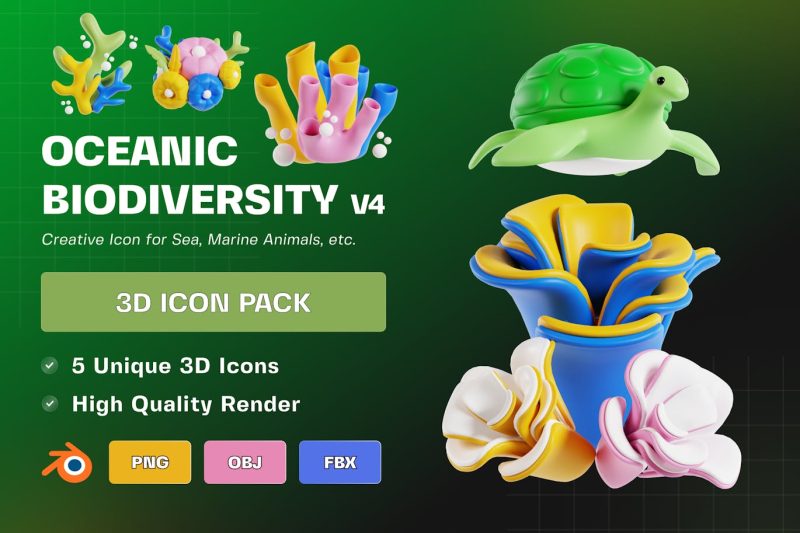 海洋生物多样性的卡通插图3D模型素材包 V4 Biodiversity 3D Illustration Pack V4