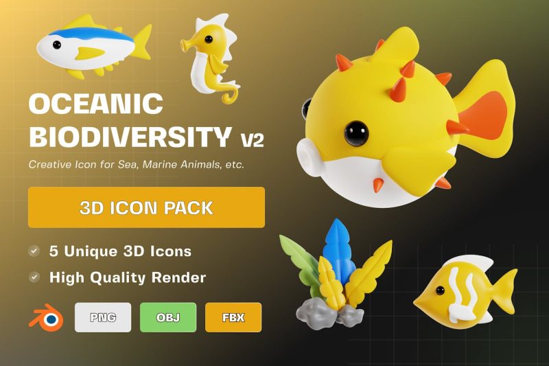 卡通海洋生物海马河豚鱼插图3D模型包 V2 Oceanic Biodiversity 3D Illustration Pack V2