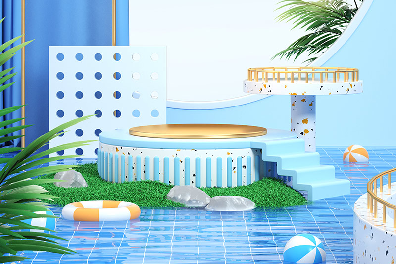 C4D工程-夏季清新水面电商展台场景渲染工程电商展台模型