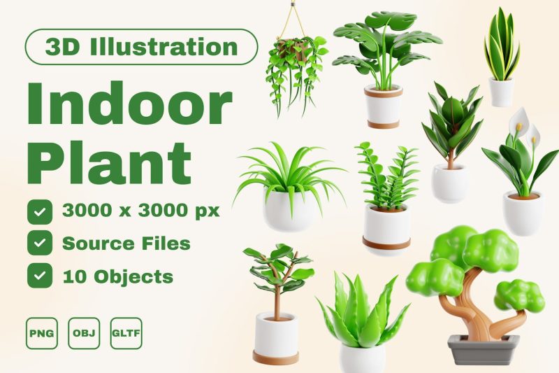 室内卡通植物3D图标模型集  indoor-plants-3d-icon-set