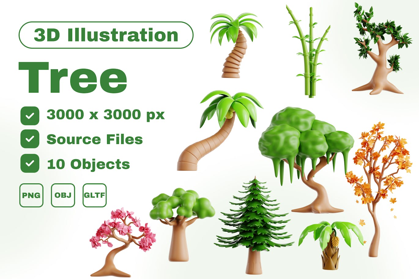 多种卡通树木3D图标模型合素材集 