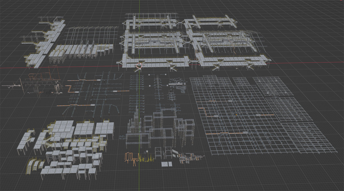 3D模型-现代工厂管道电缆架子模型 Modern Industrial Pack (Blender/FBX格式)
