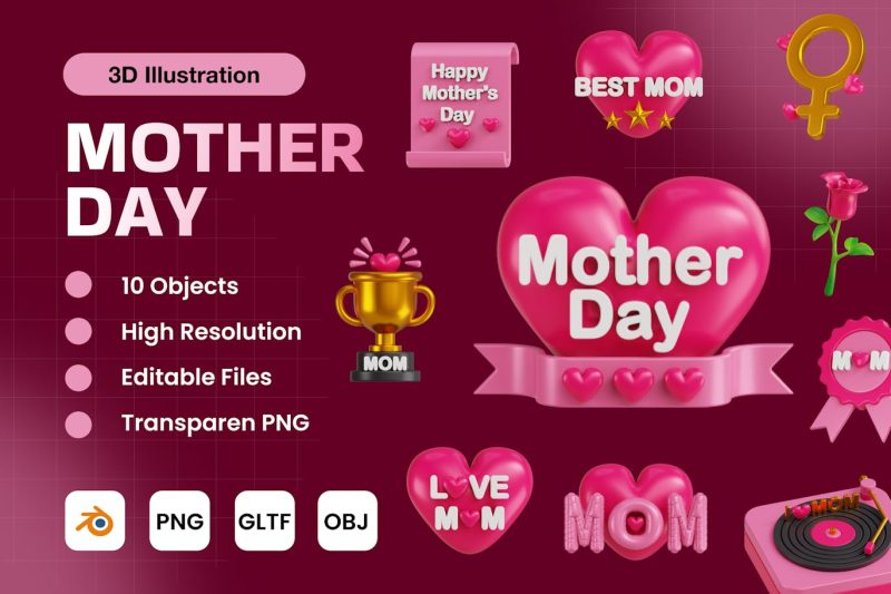 母亲节3D图标模型素材 (Blend,OBJ,GLTF,PNG,) mother-day-3d-icon-pack