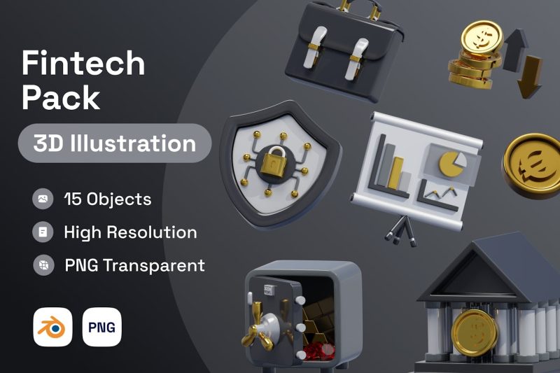 金融科技包3D插图模型素材 (PNG,Blend) intech-pack-3d-illustration