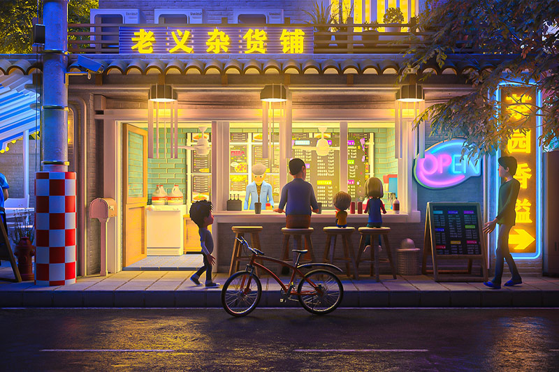 C4D工程-卡通杂货铺门店场景渲染工程带绑定卡通人物C4D模型