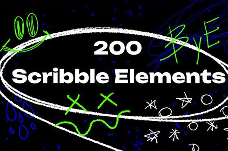 PR模板-100个手绘涂鸦元素杂乱无章素描动画素材 (含背景音乐）Scribble Elements