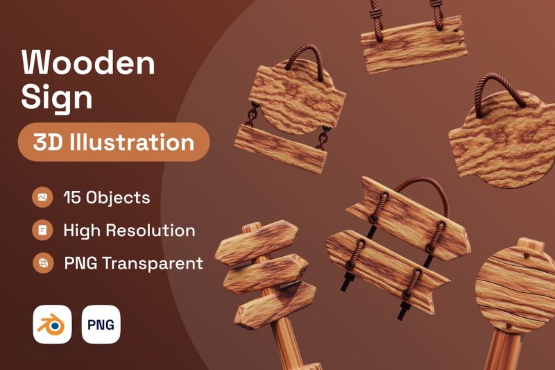 木牌3D插图模型 (PNG,Blend) wooden-sign-3d-illustration
