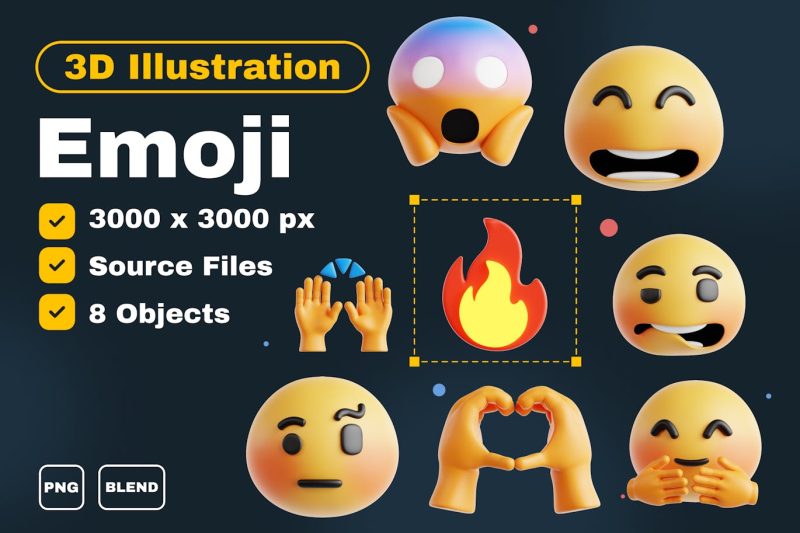 表情符号3D图标集模型素材 (Blend,PNG) emoji-3d-icon-set-v-2