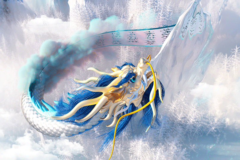 C4D工程-中国风飞龙飞跃山川场景渲染工程龙模型C4D模型